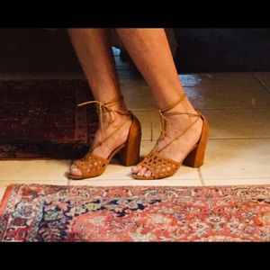 Strapped Block  Heel Camel Suede Shoes
